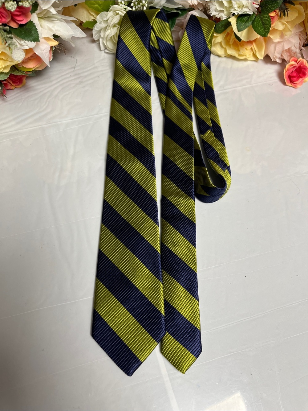 The Tie Bar Men’s 100% Silk Navy Green Striped Necktie Handmade